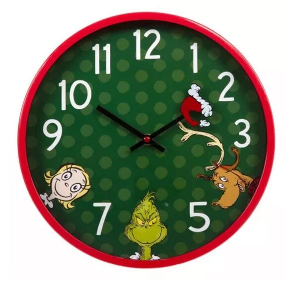 Grinch Hat Wall Clock Red and Green Wall Clock with Cartoon Characters - Picture 3 of 4